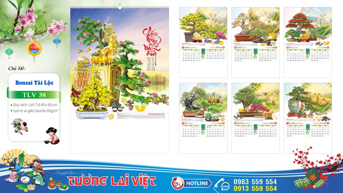 Lịch treo tường 7 tờ Bonsai Tài Lộc
